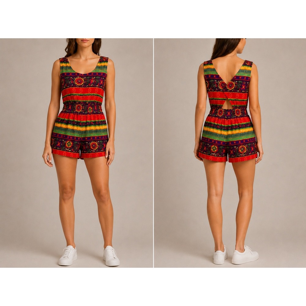 90s Colorful Tropical Print Romper Open Back Resort Vacation Medium 8 10‎